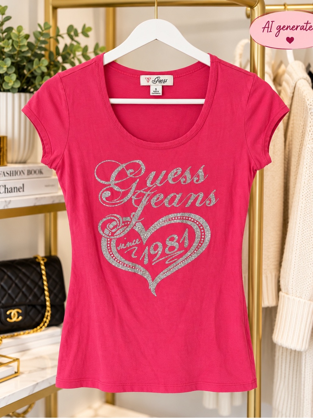Guess Pink Scoop Neck Logo Tee with Silver Heart